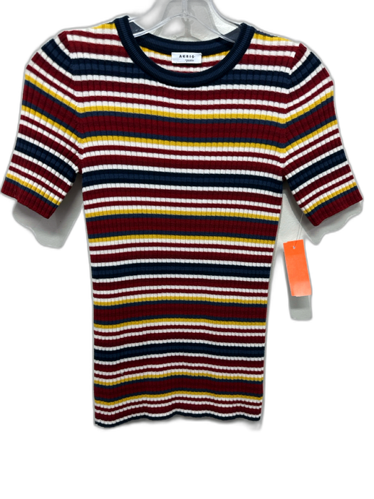 Akris Punto Size 6 White & Multi Wool Ribbed Knit Striped Short Sleeve Top White & Multi / 6