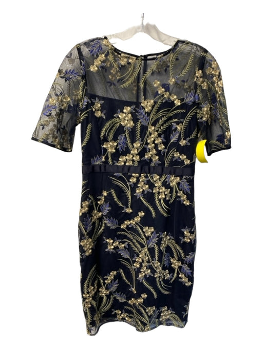 Hobbs Size 6 navy & gold Poly Embroidered Short Sleeve Sheer Overlay Dress navy & gold / 6