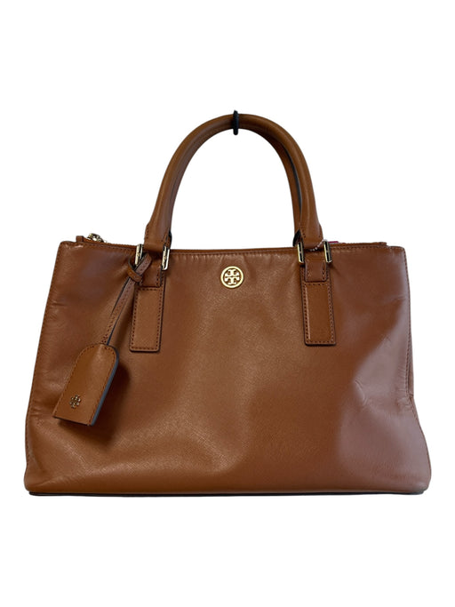 Tory Burch Light Brown Saffiano Leather 2 Handles Goldtone Hardware Top Zip Bag Light Brown / Medium