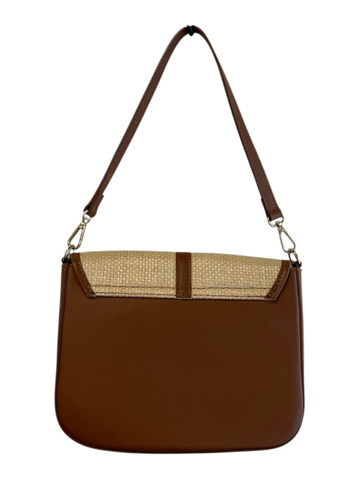 Stella Bianca Brown & Tan Leather & Straw Goldtone Top Strap Flap Shoulder Bag Brown & Tan / Medium