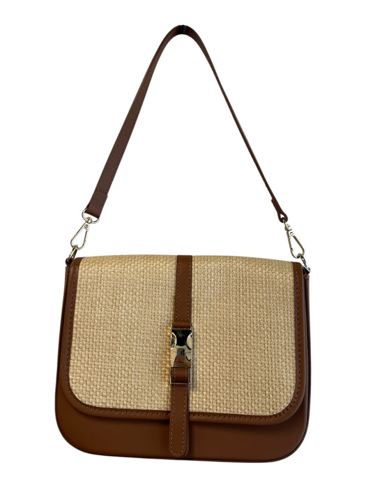 Stella Bianca Brown & Tan Leather & Straw Goldtone Top Strap Flap Shoulder Bag Brown & Tan / Medium
