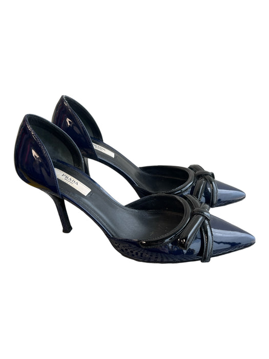 Prada Shoe Size 37 Navy & Black Patent Leather Pointed Toe Bow Detail Pump Shoes Navy & Black / 37