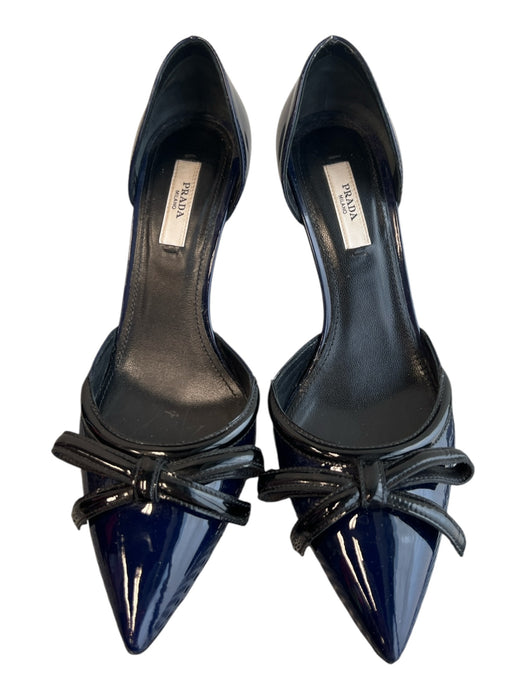 Prada Shoe Size 37 Navy & Black Patent Leather Pointed Toe Bow Detail Pump Shoes Navy & Black / 37