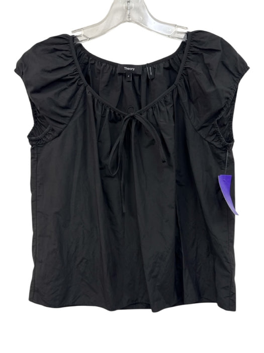 Theory Size P Black Cotton & Nylon Short Puff Sleeve Gathered Neckline Top Black / P