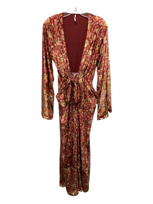 Free People Yellow, Red, & Multi Polyester Velour Paisley Long Sleeve Jumpsuit Yellow, Red, & Multi