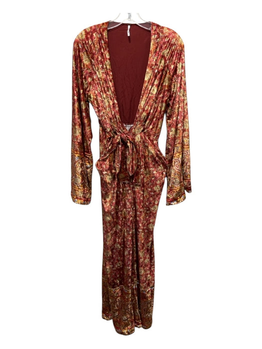 Free People Yellow, Red, & Multi Polyester Velour Paisley Long Sleeve Jumpsuit Yellow, Red, & Multi