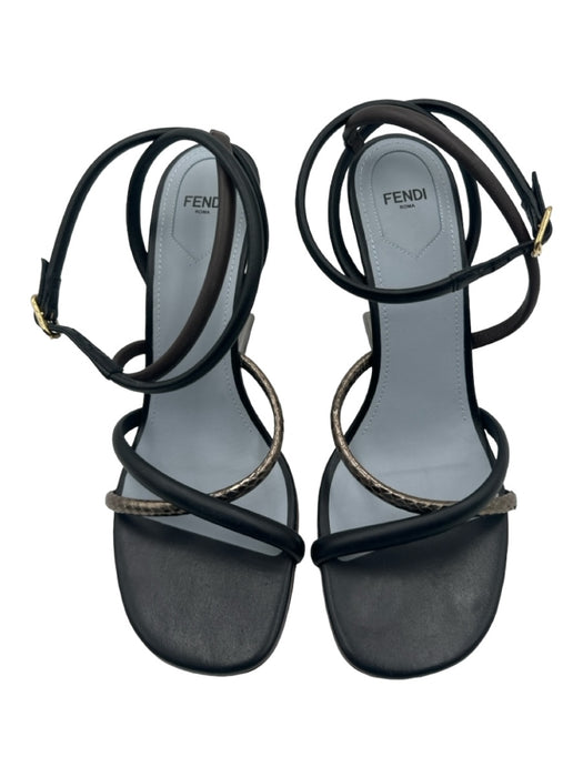 Fendi Shoe Size 40 Black Brown & Blue Leather Metal Heel Open Toe Pumps Black Brown & Blue / 40
