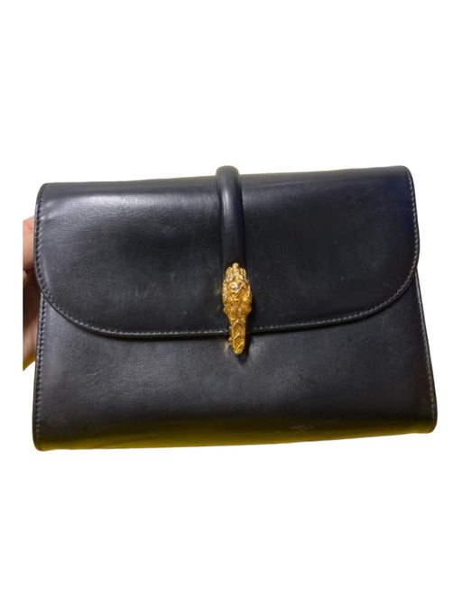 No Brand Black Leather Gold Closure flap over Clutch Italian Bag Black / Small