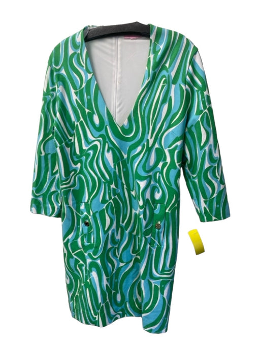 Lily Pulitzer Size Est L Green, Blue & White Nylon Blend Deep V Neck Dress Green, Blue & White / Est L