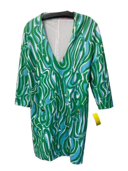 Lily Pulitzer Size Est L Green, Blue & White Nylon Blend Deep V Neck Dress Green, Blue & White / Est L