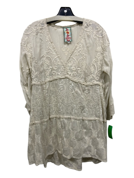 Johnny Was Size M Cream Cupro Embroidered 3/4 Sleeve Tunic Length Top Cream / M