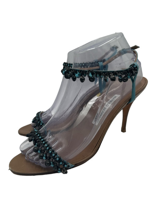 Manolo Blahnik Shoe Size 39 Beige & Blue Leather Beaded Open Toe Midi Pumps Beige & Blue / 39