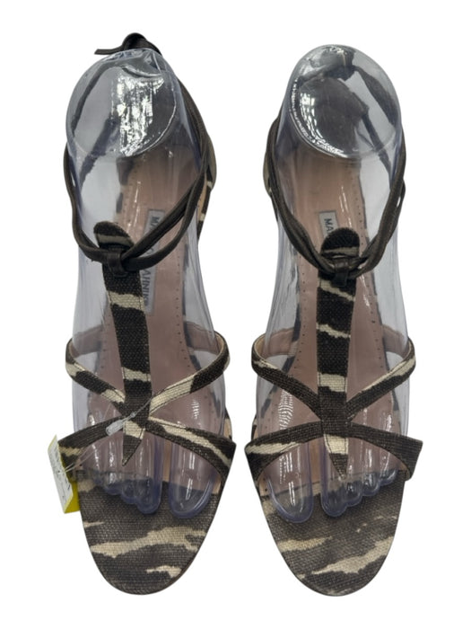 Manolo Blahnik Shoe Size 39.5 Brown & White Animal Print Tie Ankle Midi Pumps Brown & White / 39.5