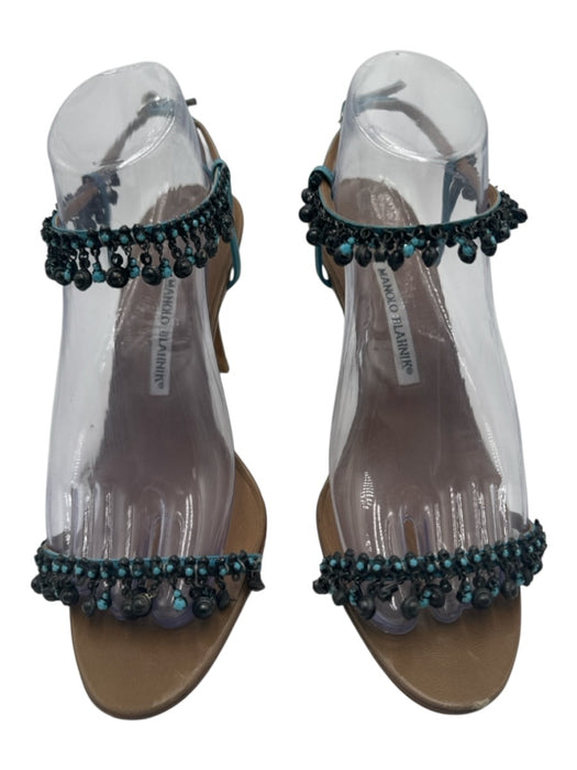 Manolo Blahnik Shoe Size 39 Beige & Blue Leather Beaded Open Toe Midi Pumps Beige & Blue / 39