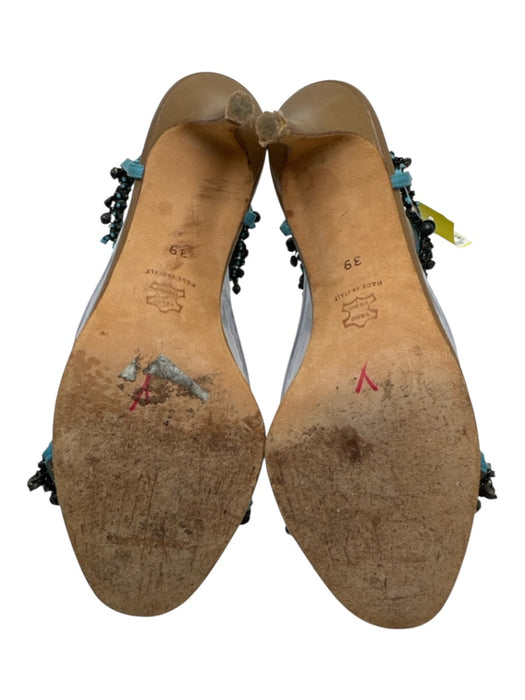 Manolo Blahnik Shoe Size 39 Beige & Blue Leather Beaded Open Toe Midi Pumps Beige & Blue / 39