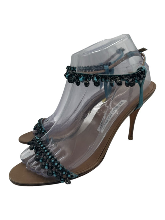 Manolo Blahnik Shoe Size 39 Beige & Blue Leather Beaded Open Toe Midi Pumps Beige & Blue / 39