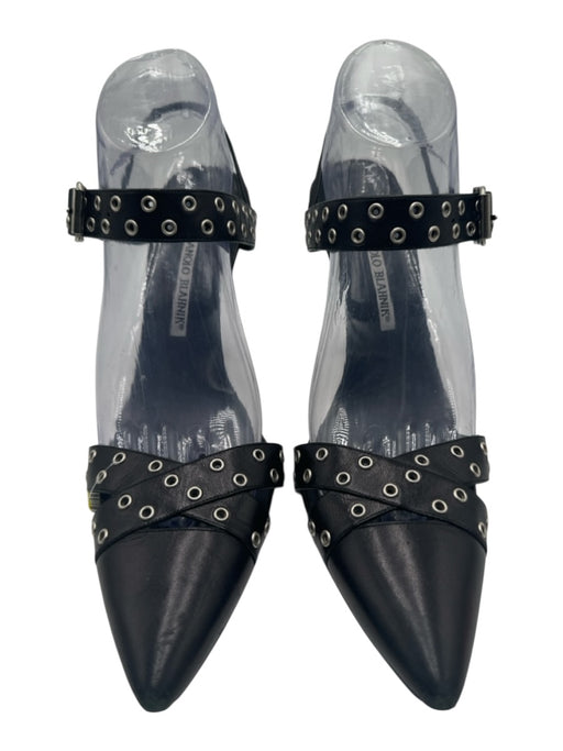 Manolo Blahnik Shoe Size 39.5 Black Leather Grommet Detail Ankle Strap Pumps Black / 39.5
