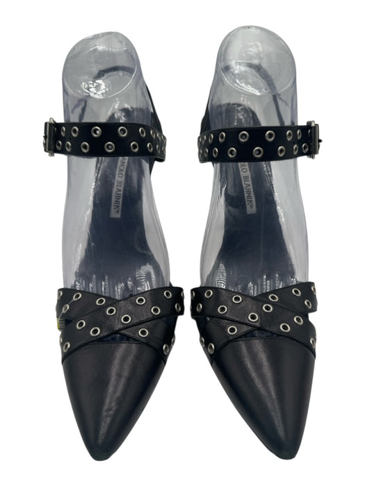Manolo Blahnik Shoe Size 39.5 Black Leather Grommet Detail Ankle Strap Pumps Black / 39.5