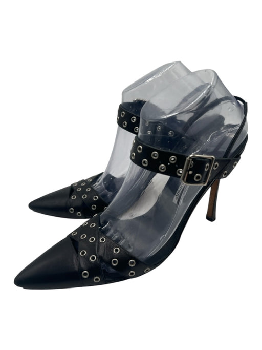 Manolo Blahnik Shoe Size 39.5 Black Leather Grommet Detail Ankle Strap Pumps Black / 39.5
