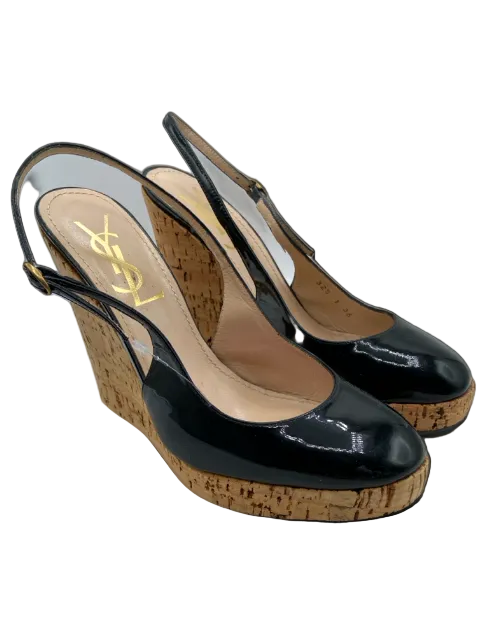Yves Saint Laurent Shoe Size 36 Black Patent Leather Cork Round Toe Wedges Black / 36
