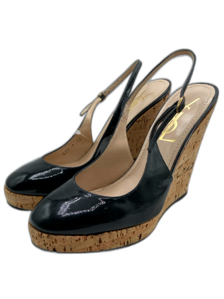 Yves Saint Laurent Shoe Size 36 Black Patent Leather Cork Round Toe Wedges Black / 36