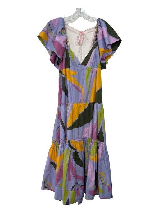 La Ligne Size M Purple Green Yellow Cotton Abstract V Neck Open Back Dress Purple Green Yellow / M