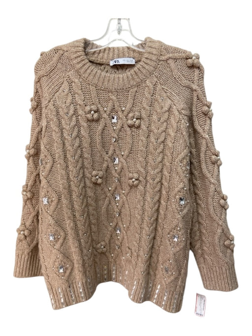 Zara Size L Beige & Silver Acrylic Chunky Crew Neck Mirrored Sweater Beige & Silver / L