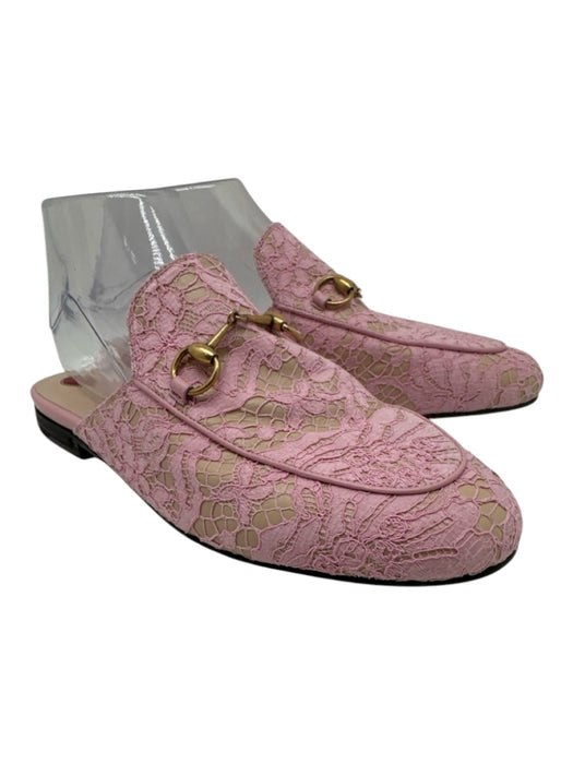 Gucci Shoe Size 38 Pink & Beige Lace & Leather Horsebit Brass Hardware Loafers Pink & Beige / 38