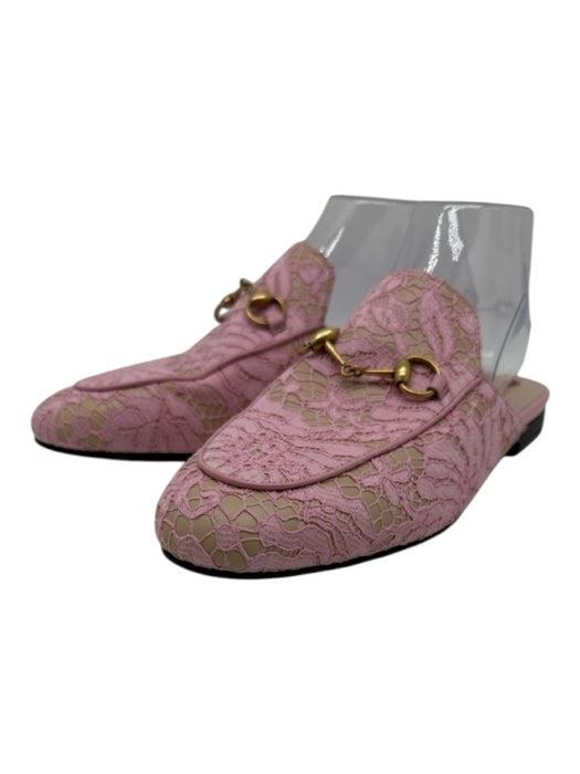 Gucci Shoe Size 38 Pink & Beige Lace & Leather Horsebit Brass Hardware Loafers Pink & Beige / 38