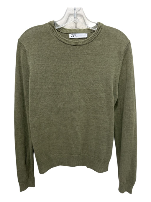 Zara Size M Olive Green Cotton Blend Thin Knit Round Neck Ribbed Trim Sweater Olive Green / M