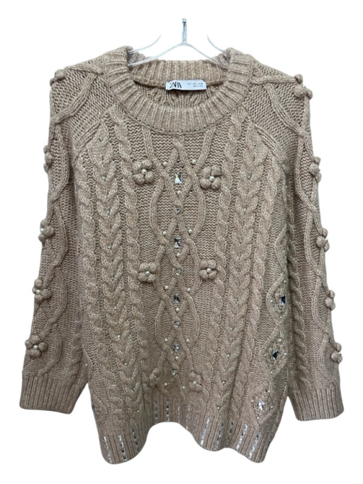 Zara Size L Tan Wool & Polyester blend 3d floral detail Bejeweled Sweater Tan / L