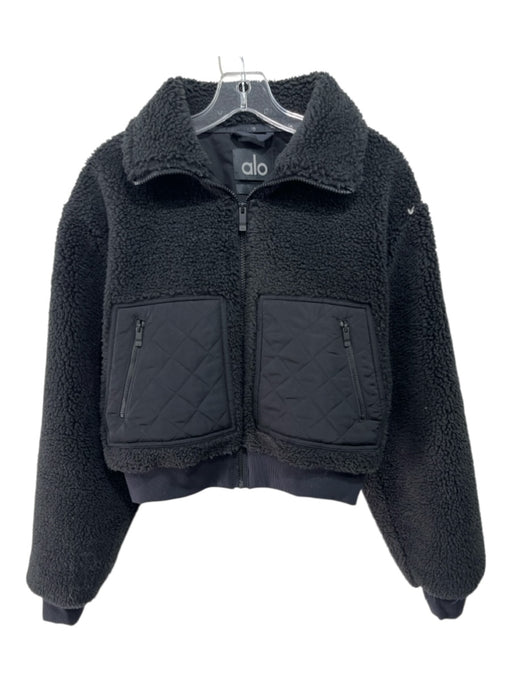 Alo Size S Black Polyester Fleece Fabric Block Zip Pocket Elbow Patches Jacket Black / S