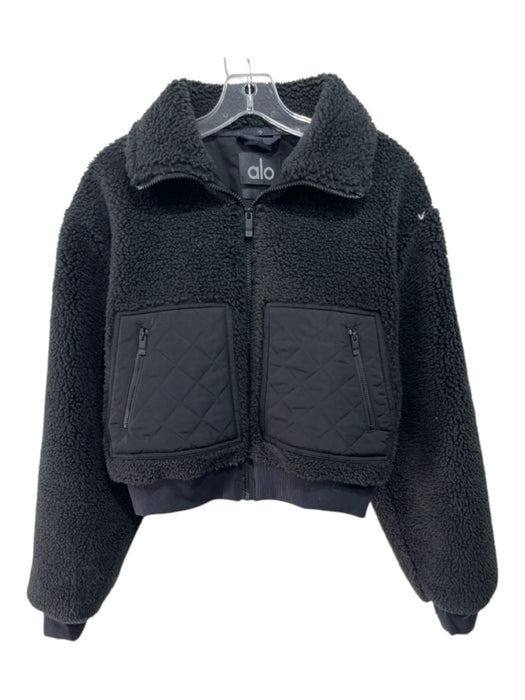 Alo Size S Black Polyester Fleece Fabric Block Zip Pocket Elbow Patches Jacket Black / S