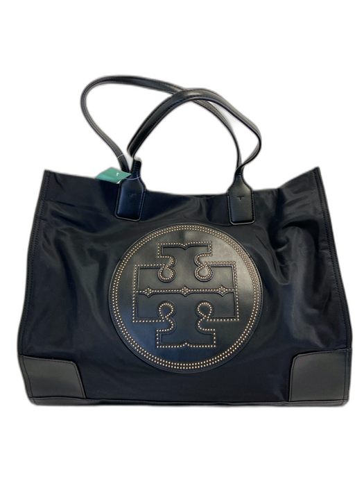 Tory Burch Black Nylon Logo Stud Detail Gold Tone Accent Tote Bag Black