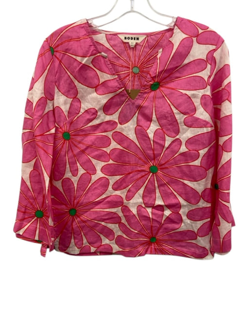 Boden Size 0 Pink & Green Linen Floral Long Flare Sleeve V Neck Top Pink & Green / 0
