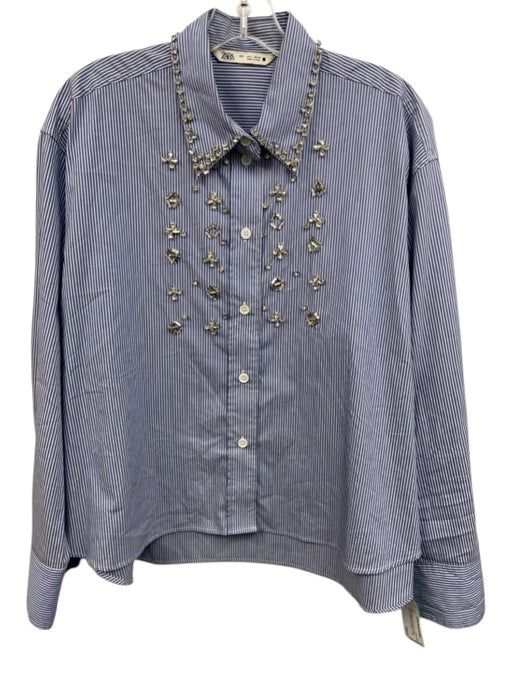 Zara Size L Blue & White Cotton Blend Striped Crystal Embellished Button Up Top Blue & White / L