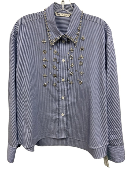 Zara Size L Blue & White Cotton Blend Striped Crystal Embellished Button Up Top Blue & White / L