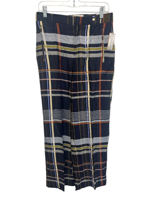 Zara Size S navy blue, orange, multi Viscose Zip Fly High Rise Plaid Pants navy blue, orange, multi / S