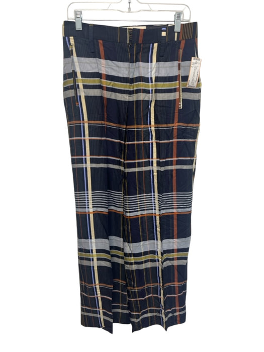 Zara Size S navy blue, orange, multi Viscose Zip Fly High Rise Plaid Pants navy blue, orange, multi / S