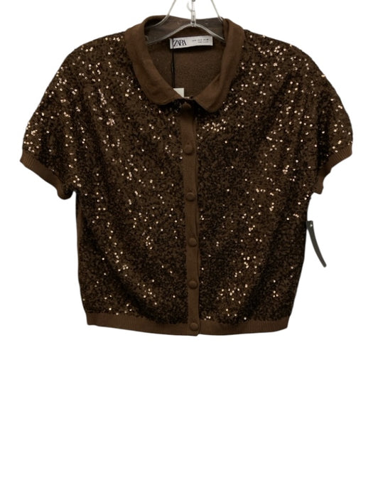 Zara Size S Brown Viscose Blend Sequined Short Sleeve Button Front Collared Top Brown / S