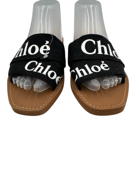 Chloe Shoe Size 39 Black, White & Brown textile upper Logo Slide Mule Sandals Black, White & Brown / 39