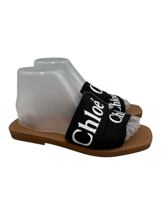 Chloe Shoe Size 39 Black, White & Brown textile upper Logo Slide Mule Sandals Black, White & Brown / 39