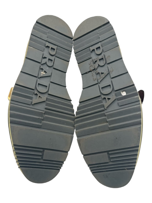 Prada Shoe Size 36.5 Brown Black Beige Leather Round Square Toe Fringe Loafers Brown Black Beige / 36.5