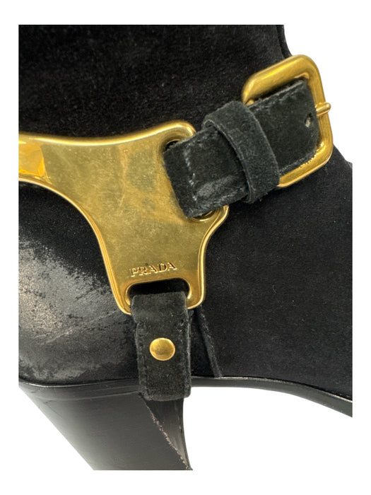Prada Shoe Size 37 Black Leather Knee High Side Zip Stacked Heel Box Inc. Boots Black / 37