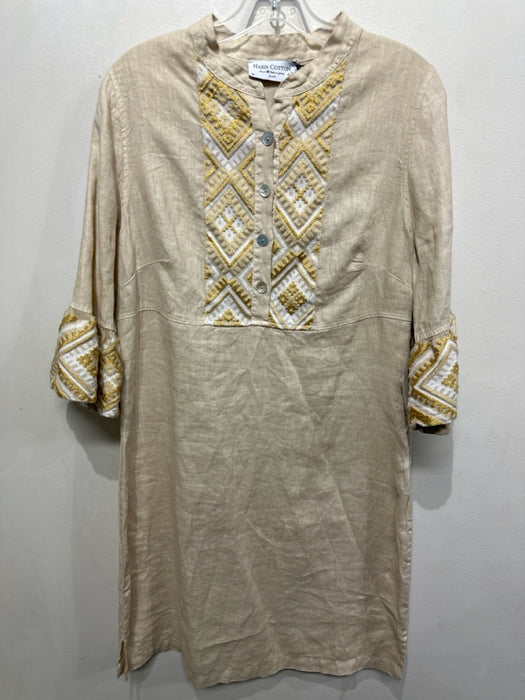 Haris Cotton Size M Tan & Gold Linen Embroidered Geometric Quarter Button Dress