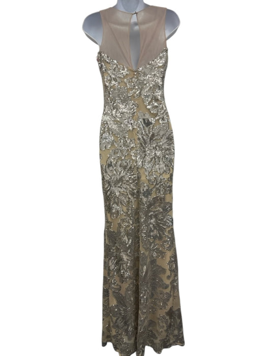 Betsy & Adam Beige & Silver Polyester Sleeveless Sequin Floral Maxi Dress Beige & Silver