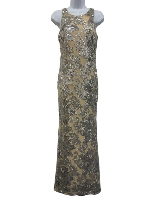 Betsy & Adam Beige & Silver Polyester Sleeveless Sequin Floral Maxi Dress Beige & Silver