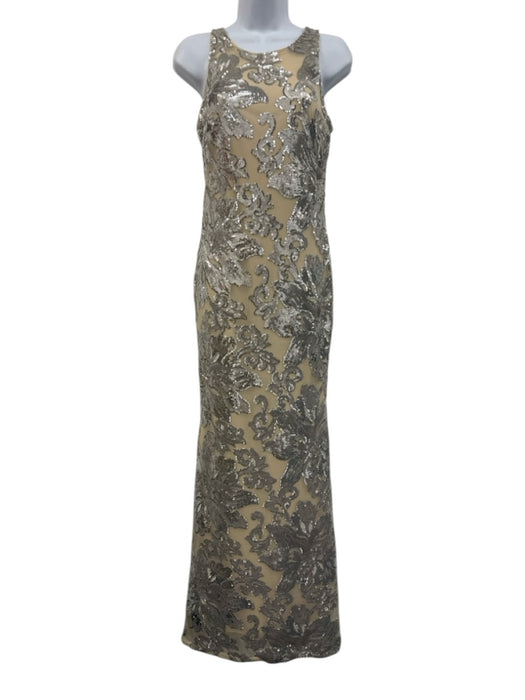 Betsy & Adam Beige & Silver Polyester Sleeveless Sequin Floral Maxi Dress Beige & Silver