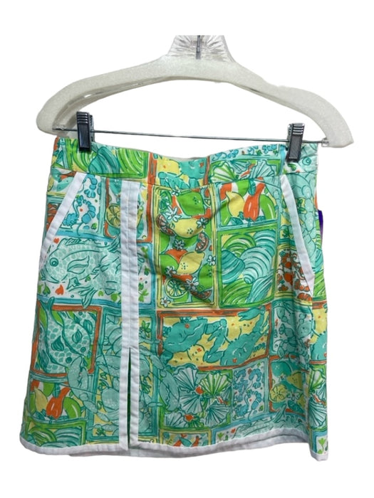 Lilly Pulitzer Size 4 Blue Green Yellow Cotton Fruit Fish Slit Back Skirt Blue Green Yellow / 4