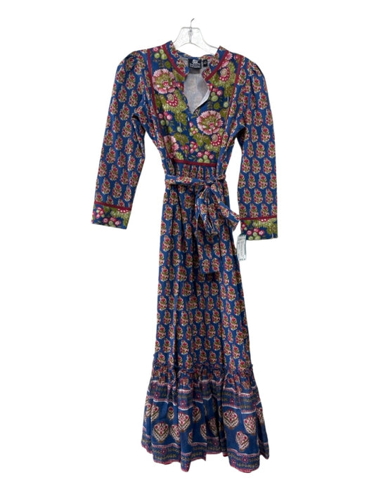 Madison Mathews Size XS Blue Green Red Cotton V Neck Long Sleeve Floral Dress Blue Green Red / XS